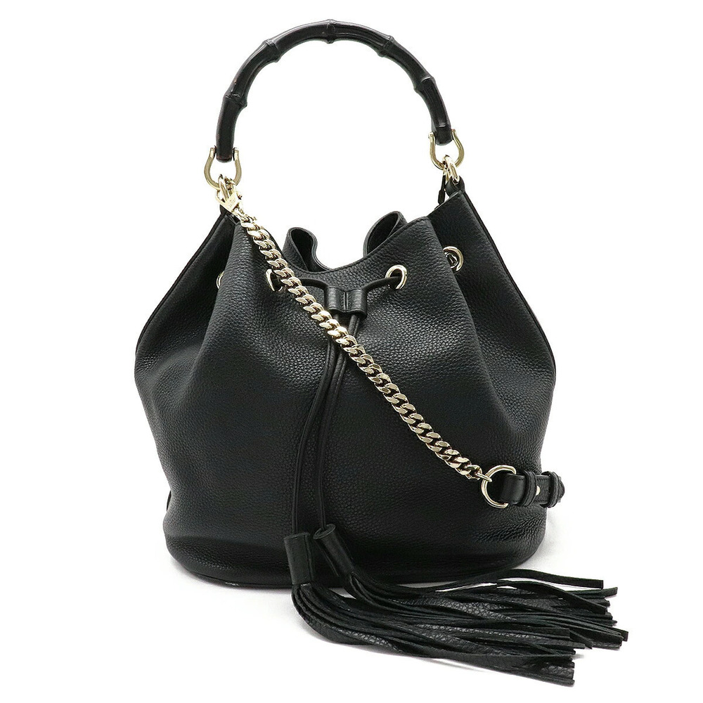 Gucci Bamboo Shoulder Bag Hobo Handbag Drawstring Fringe Tassel Leather Black